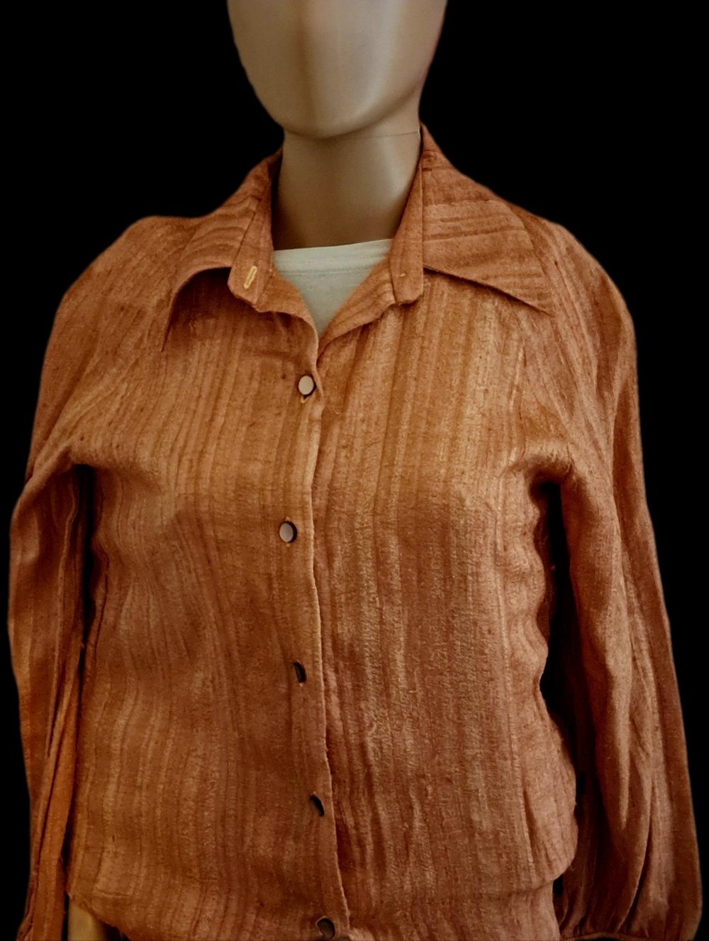 Vintage 70s Silk Slub Handsewn Wide Collar Women's Burnt Umber Button-Down Shirt